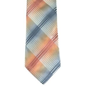 Joe Joseph Abboud Mens Silk Necktie Orange Peach Slate Blue Grey Plaid Tie 60x3